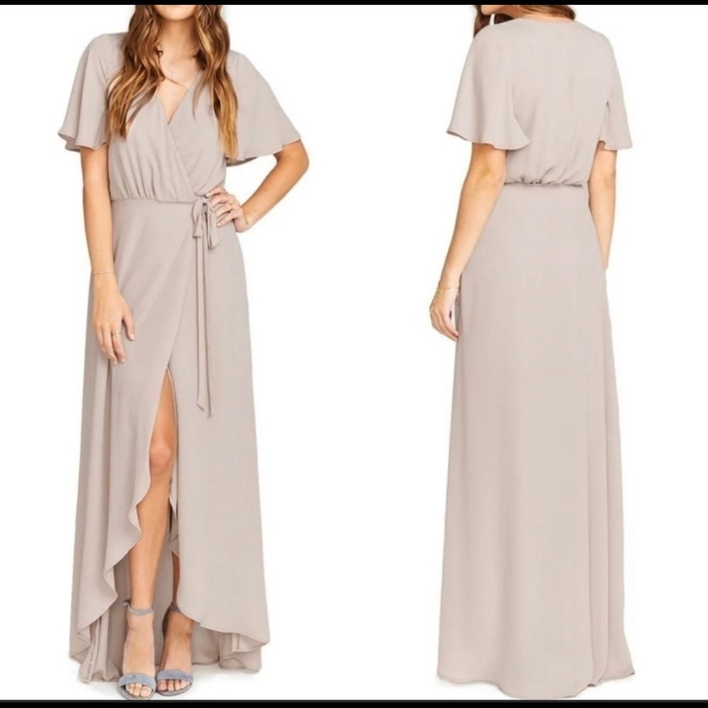 Show me your mumu beige sophia wrap maxi bridesmaid dress medium